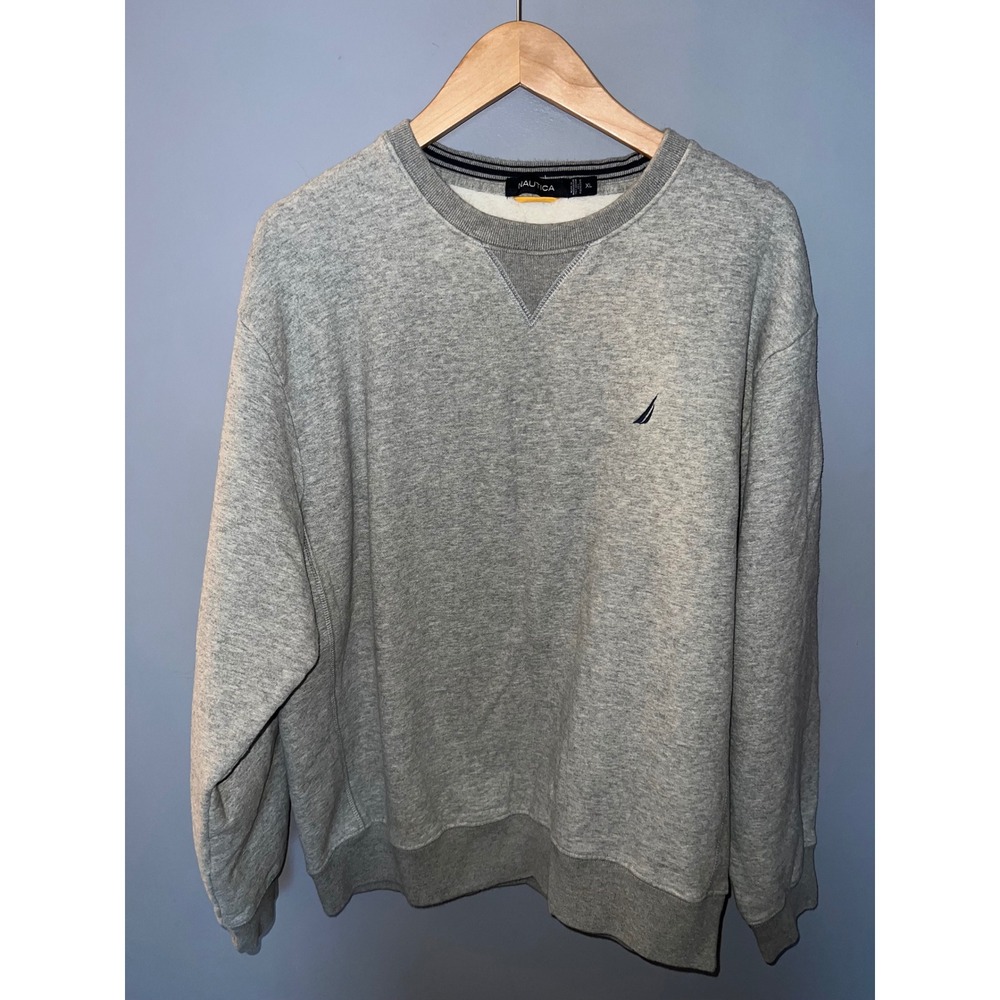 Nautica Mens XL Heather Gray Crewneck Sweatshirt V-Stitch Fleece Pullover Logo